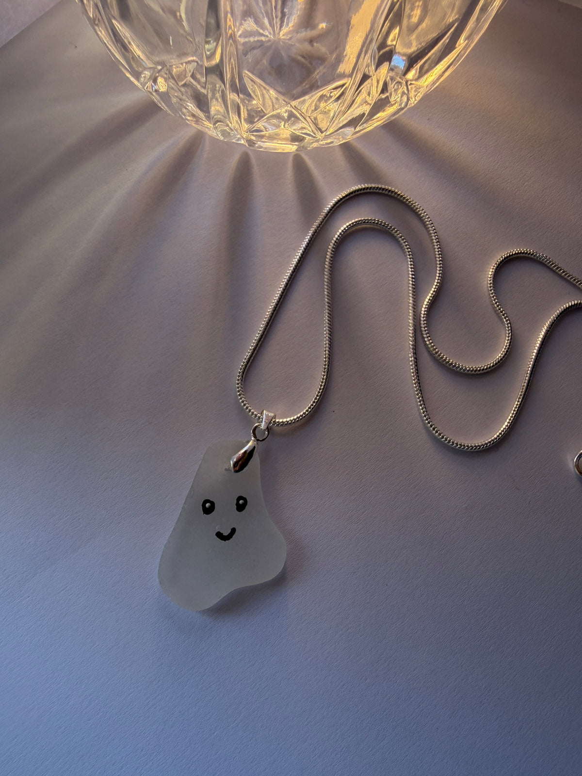 Halloween necklace & earrings - white sea glass, hand painted