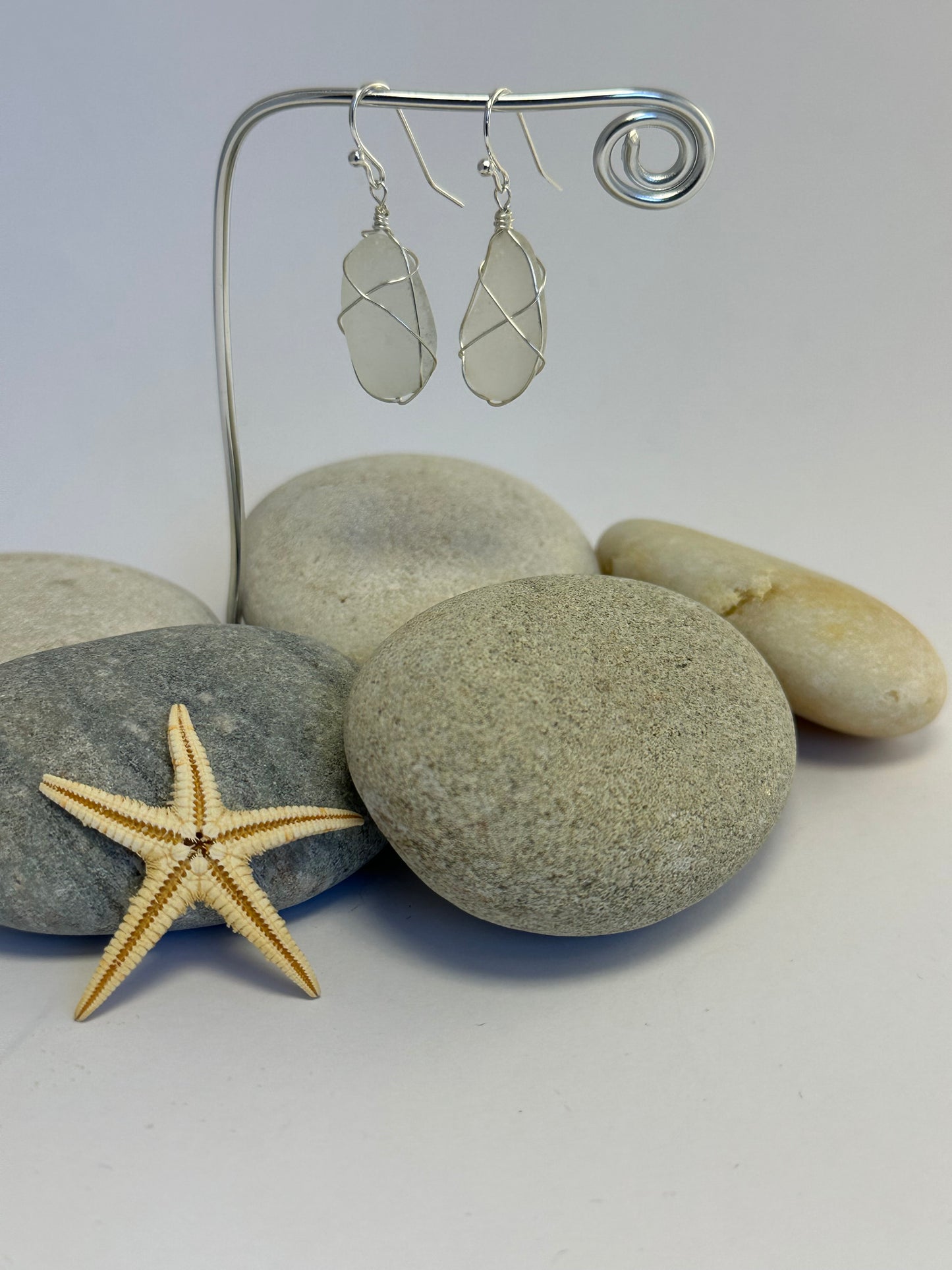White Sea glass dangle earrings