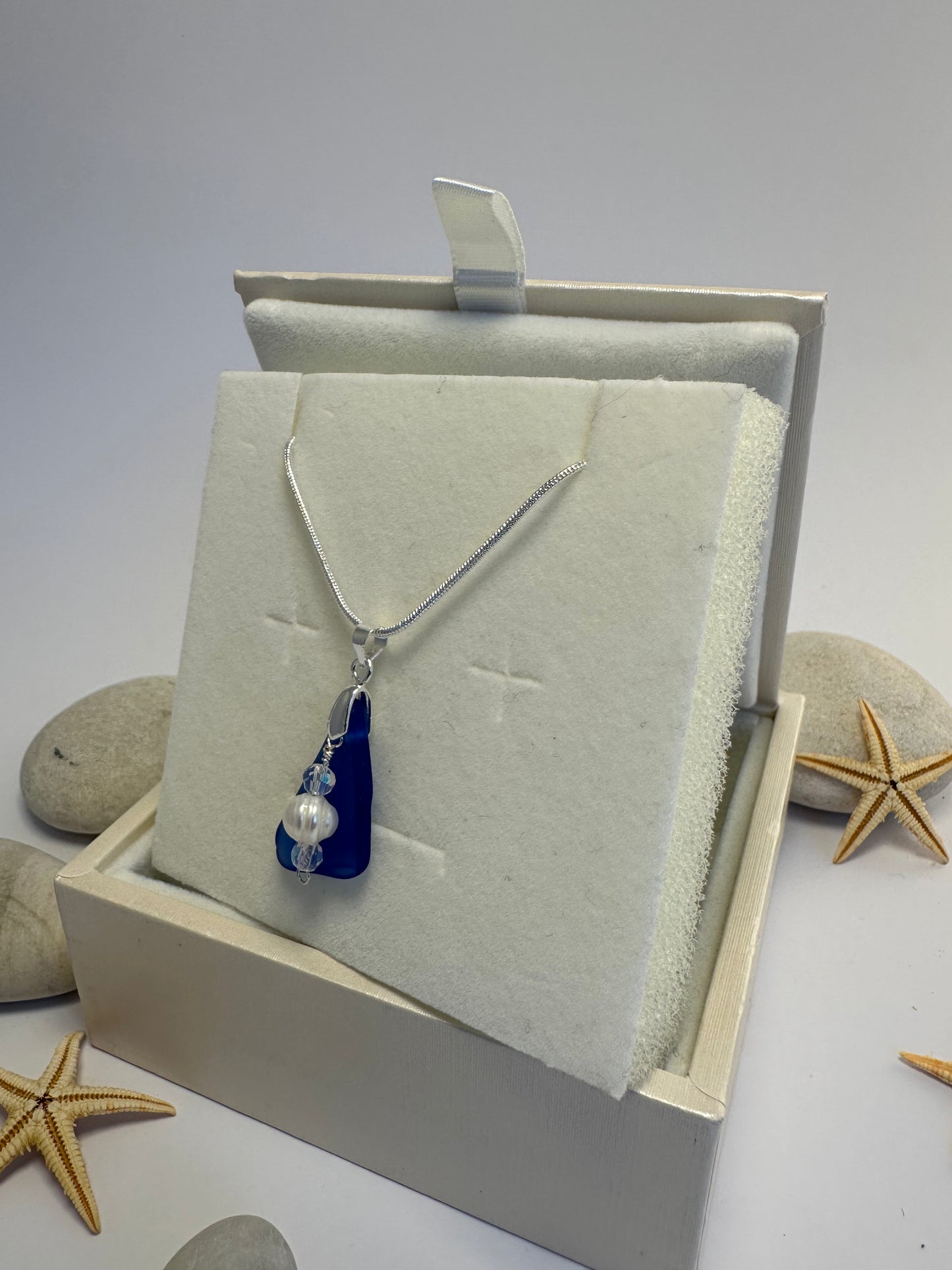 Cobalt blue Sea glass & freshwater pearl sterling silver necklace