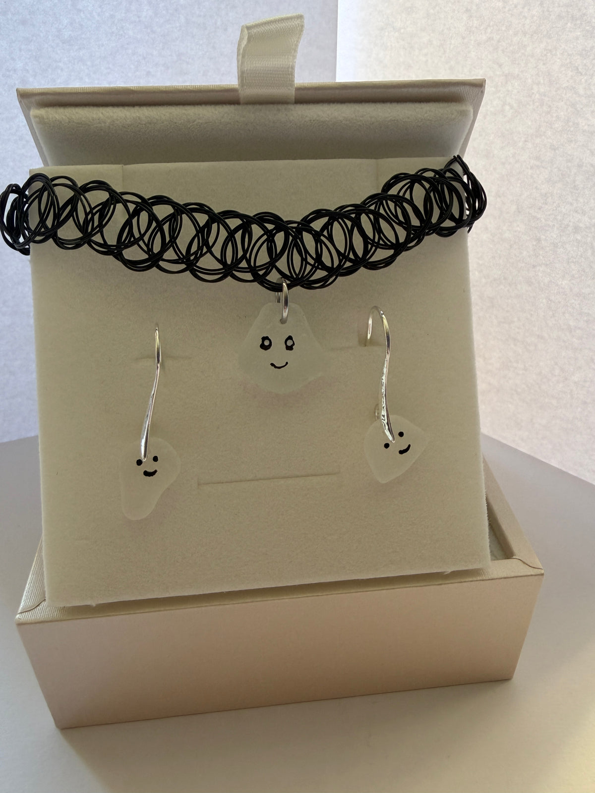 Halloween necklace & earrings - white sea glass, hand painted