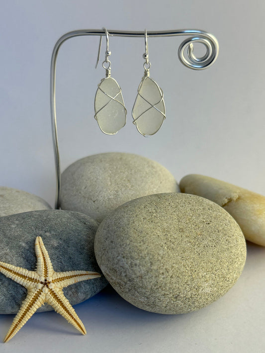 White Sea glass dangle earrings