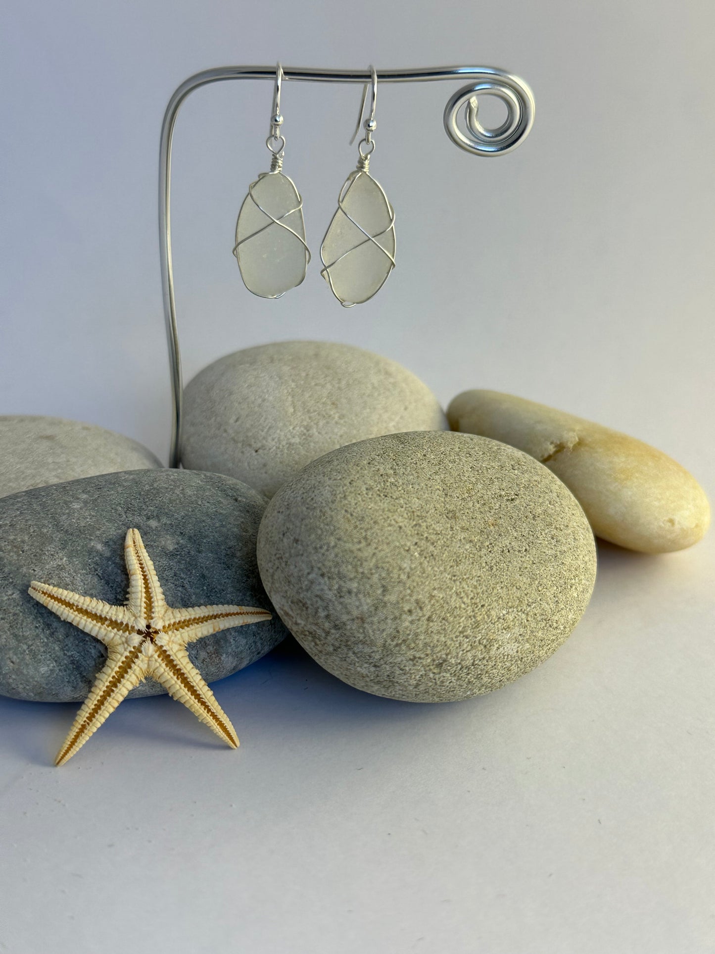 White Sea glass dangle earrings