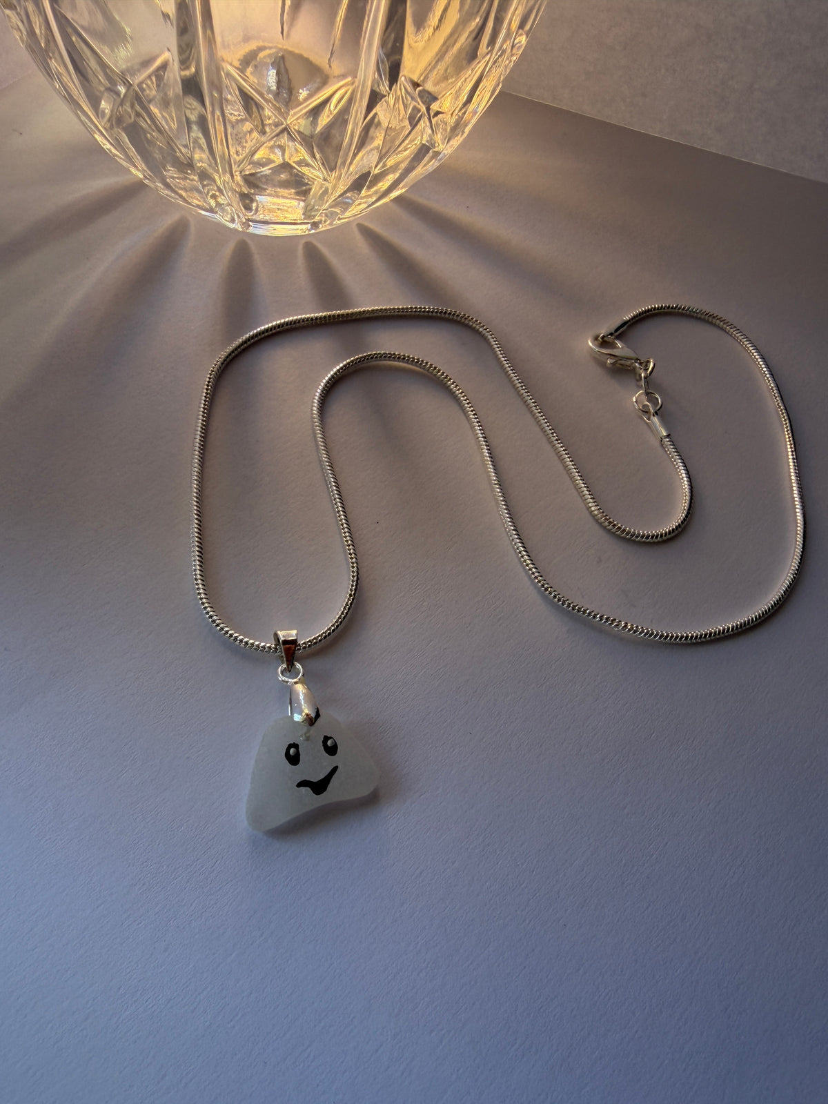 Halloween necklace & earrings - white sea glass, hand painted
