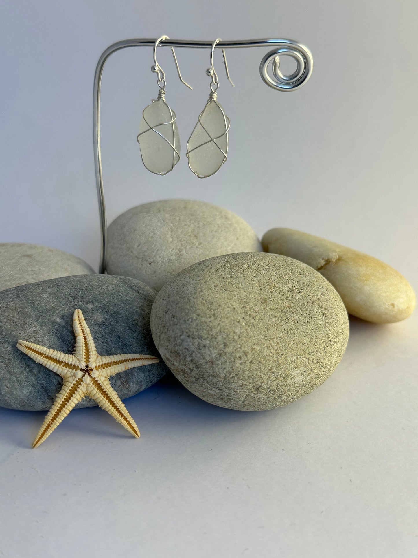 White Sea glass dangle earrings