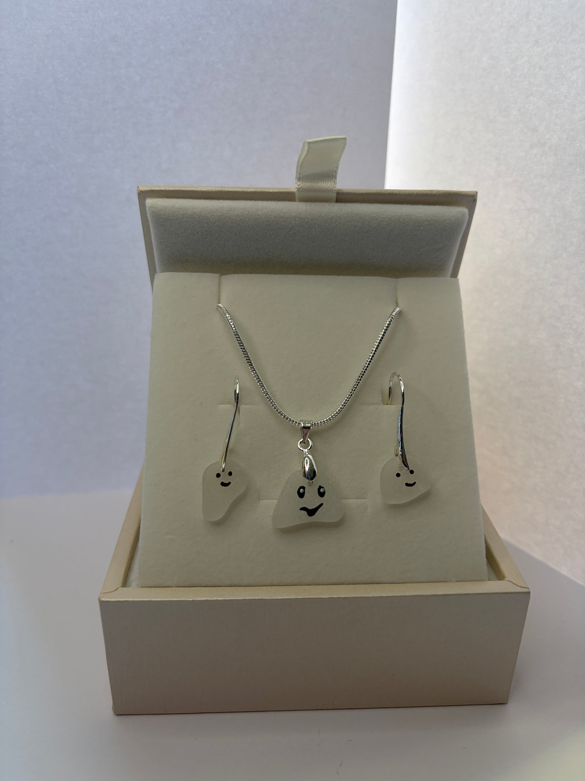Halloween necklace & earrings - white sea glass, hand painted