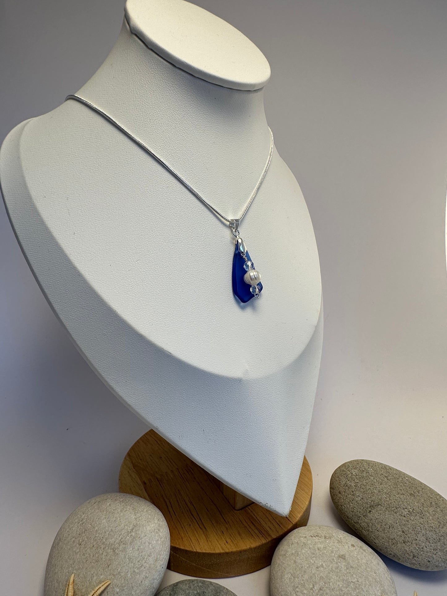 Cobalt blue Sea glass & freshwater pearl sterling silver necklace