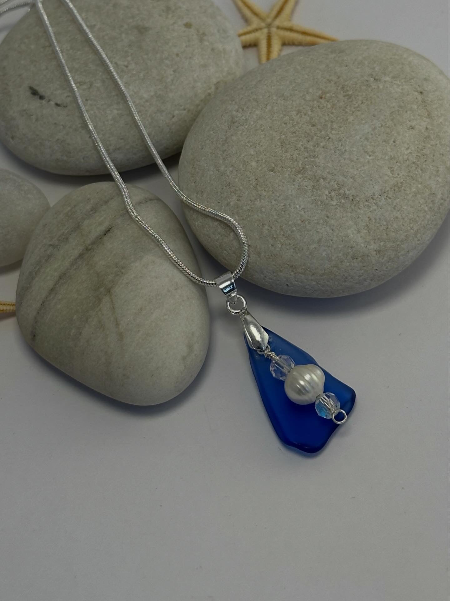 Cobalt blue Sea glass & freshwater pearl sterling silver necklace