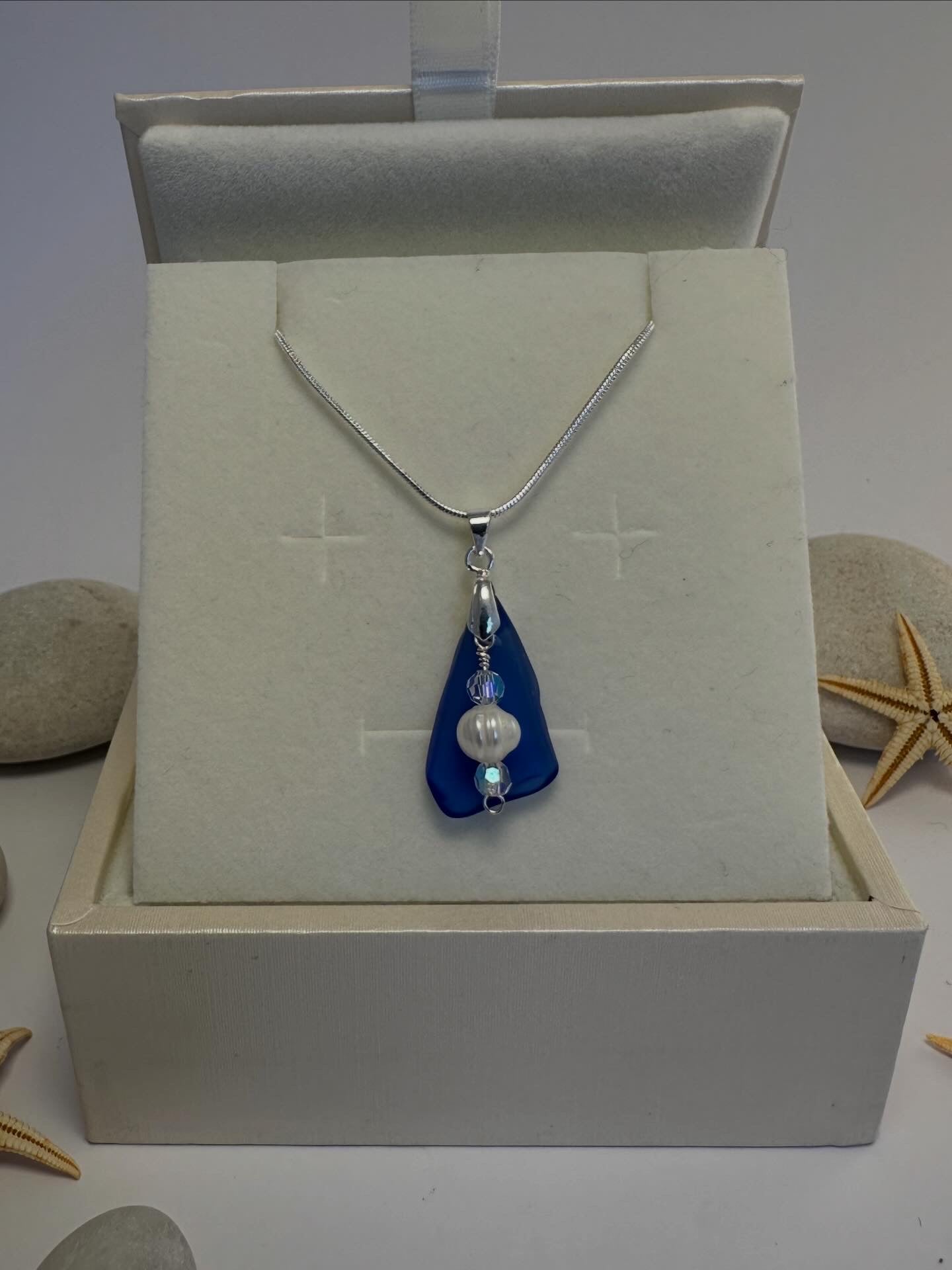 Cobalt blue Sea glass & freshwater pearl sterling silver necklace
